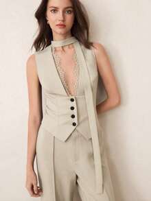 xheBizChic Chaleco con cuello en V, recorte de encaje, parche delantero con botones y cintura con lazo, elegante para oficina y uso diario para mujeresxhe - Albaricoque - Ver 3