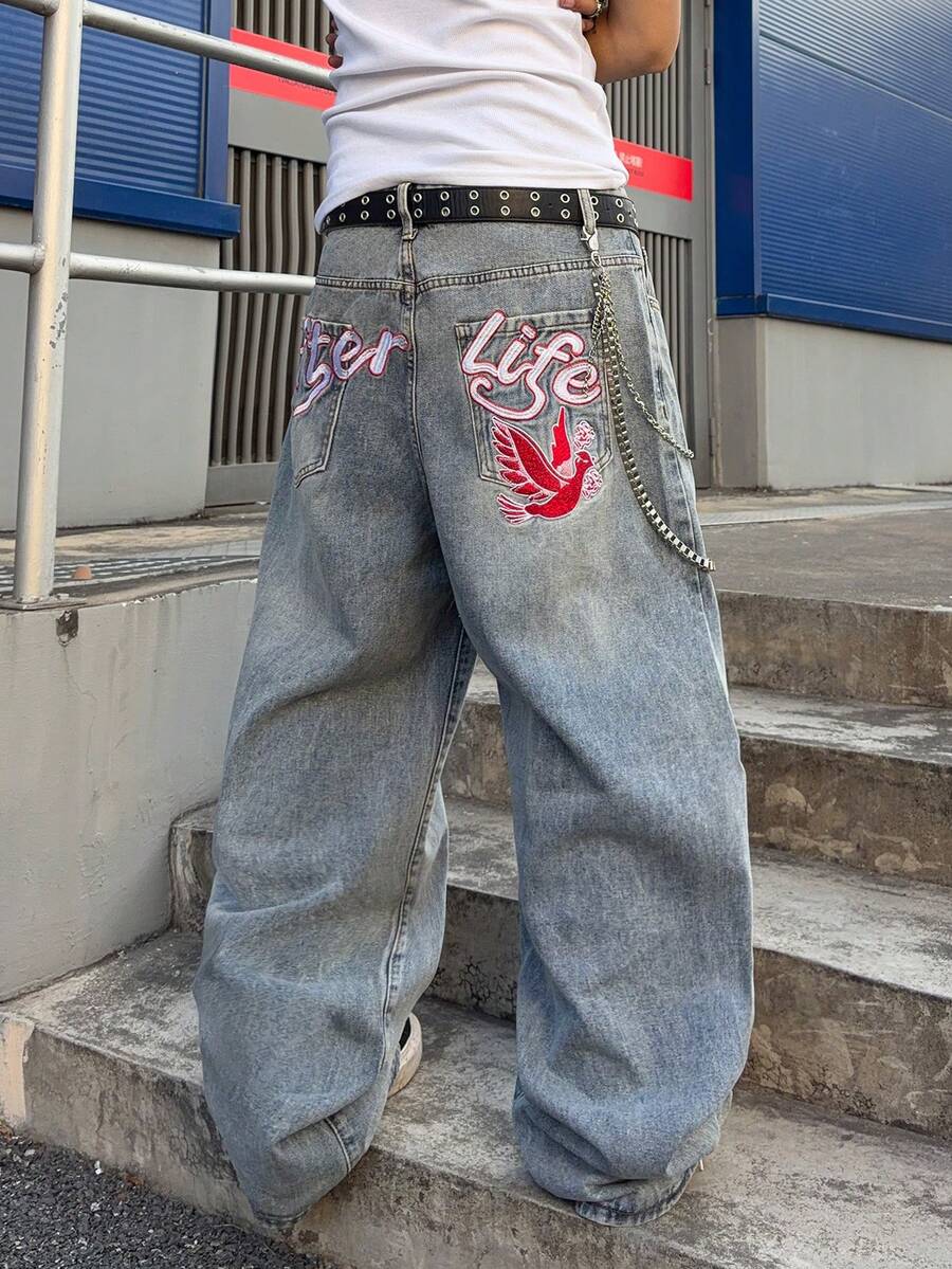 STEELVANCE Quần jeans ống rộng dáng suông, thoải mái, thích hợp mặc hàng ngày, với họa tiết thêu chữ và chim kiểu cổ điển, đính đinh tán. - Rửa nhẹ - Xem 1