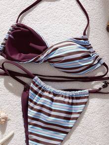 Swim Mod Conjunto de bikini de 2 piezas con estampado de rayas, escote halter y espalda descubierta, sexy, para mujer, Primavera/Verano 2026 - Multicolor - Ver 5