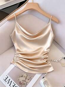 GlowEve Áo tank top nữ đa năng, kiểu dáng tối giản, cổ chữ U, dây đeo vai có thể điều chỉnh, ôm sát, vạt áo bất đối xứng, chất liệu satin bóng, mẫu mới về mùa hè 2026. - Rượu sâm banh - Xem 4