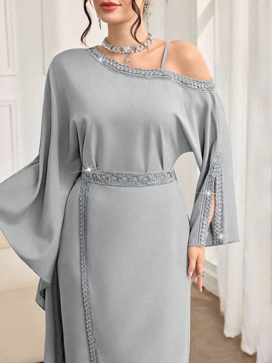 Al Najma Women's Solid Color Oblique Shoulder Long Sleeve Slit Waist Elegant Arabic Dress - Light Grey - View 1