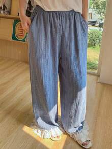 Dazy Plus Quần pajama ống dài suông rộng rãi, cạp chun, phối ren hoa, dễ thương. - Màu xanh lam - Xem 4