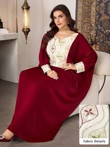 Al Najma Embroidered V-Neck Batwing Dress, Spring/Summer - Burgundy - View 4