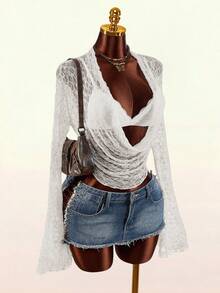 Amplova 2件套浪漫春假低胸吊带背心和蕾丝边女士内衣上衣 - 白色 - 查看 2