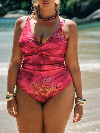 SHEIN BAE Plus Size Women Floral Print Ruched One-Piece Swimsuit, Casual Resort Pool Wear Beach Outfits For Women