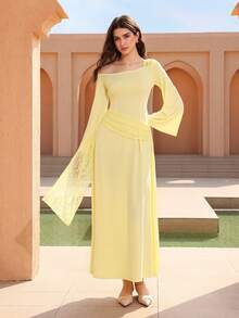 Graceveil Asymmetric One-Shoulder Lace Patchwork Waist Cinched Long Sleeve Midi Dress For Women - Pale Yellow - View 4