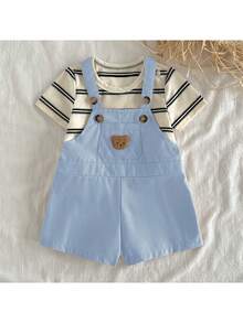 Loomiva Newborn Baby Boy/Girl Cartoon Bear Pattern Knit Soft Crew Neck Long Sleeve Raglan Pullover Top And Bib Pants 2-Piece Set - Dusty Blue - View 7