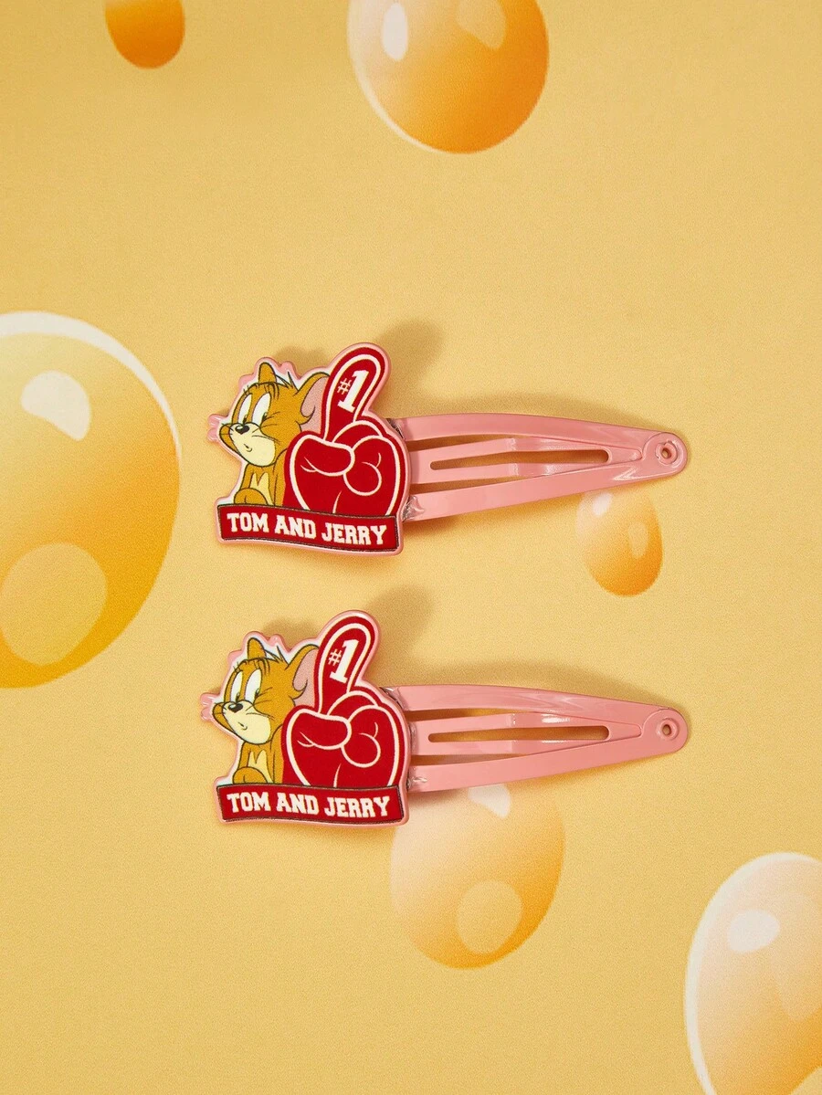 TOM & JERRY X SHEIN A Pair Of Cute Pink Cartoon Pattern Hairpins - Pink - View 1