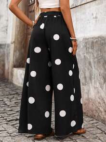 Pariaura Pantalones de pierna ancha con estilo francés y lunares con presillas para cinturón para mujer - Negro - Ver 3