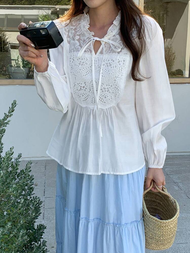Women's Round Neck Frill Lace Patchwork Tie Front Long Sleeve Elegant Blouse, Vacation Style