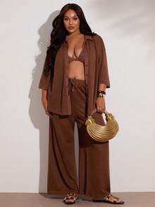 SHEIN BAE Plus Size Casual Brown Knitted Collared Half Sleeve Blouse And Long Pants Co-Ord Set With Pockets For Women - Brown - View 4