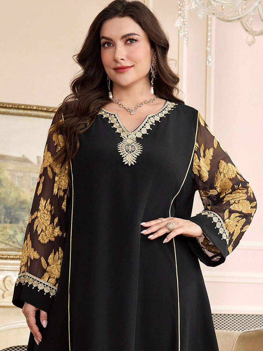 Al Najma Váy dài kiểu Ả Rập thanh lịch, họa tiết lưới và ren cỡ lớn cho nữ, mùa thu - màu đen - Xem 1