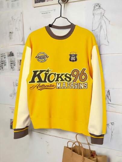 Glimmora Women's Retro English Print Long Sleeve Crew Neck Sweatshirt, Autumn Ladies Apparel, Matching Sister Outfit, Latest Fashion Top, American Vintage Style Top