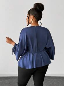 Maweii Plus Size Women's Navy Blue Autumn Elegant Office Satin Blouse,Shiny V-Neck Drawstring Bow Tie Top,Versatile Chic Casual Party Date Night Fashion - Navy Blue - View 4