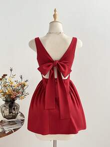 Elamini Romantic French Style Red Vacation Dress, Sleeveless, Waist Cinched, Slimming, Elegant Retro Square Neck Party Mini Dress, Spring/Summer - Burgundy - View 2