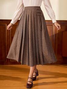 Vintamour Chân váy xếp ly chữ A cổ điển thanh lịch dành cho nữ, eo ôm, cài cúc kiểu Trung Quốc mới, màu cà phê, thích hợp cho mùa thu/đông. - Cà phê nâu - Xem 3