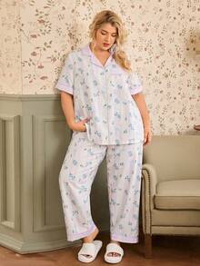 CottageSlumber Romantic Floral & Bow Print Lapel Button Front Comfortable Woven Plus Size Pajama Set - Multicolor - View 5