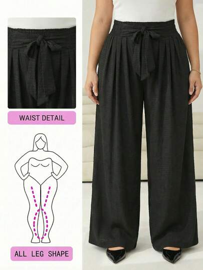 Modelyn Plus Size Women Solid Color Knotted Waist Wide Leg Loose Casual Pants High Waist Pants Women Wide Leg Pants