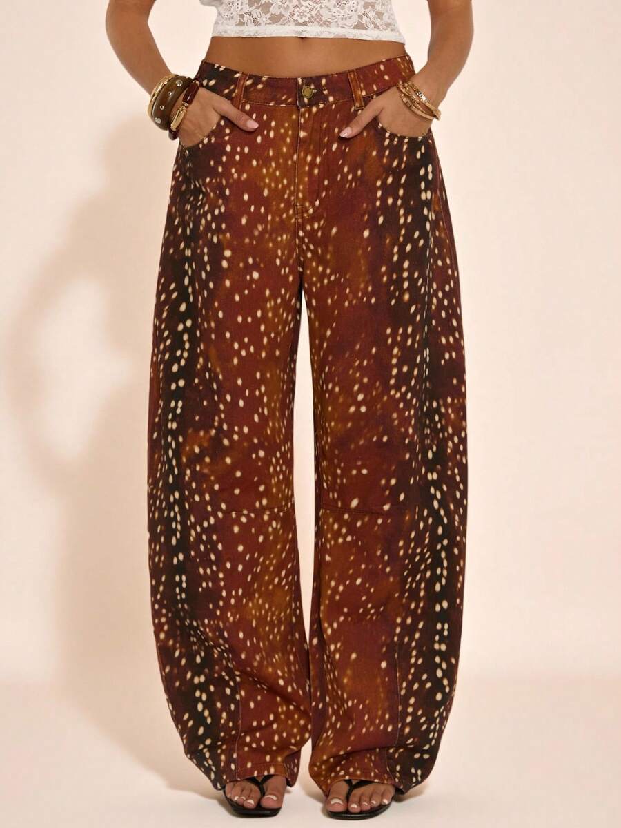 SHEIN BAE 女士休闲宽松牛仔裤，带口袋 - 中等水洗藍 - 查看 1