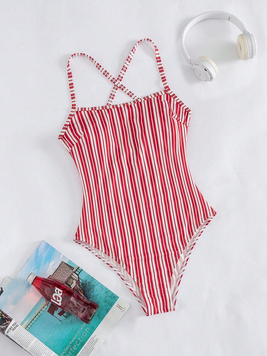 Swim SPRTY 1pc Striped Print Tie-Front Design Sporty Women One-Piece Swimsuit - Red - View 1