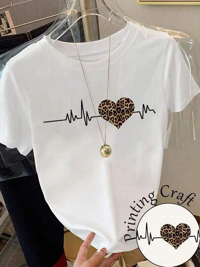 Casual Line & Heart Graphic Cropped Short Sleeve Round Neck T-Shirt For Teen Girls, Suitable For Summer, American Chic Vacation, White Fitted Daily Casual Comfortable Versatile Slim Fit Leopard Heart Line Pattern