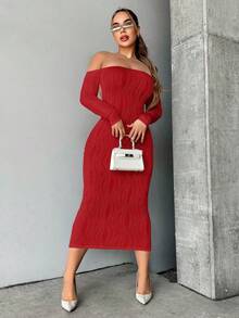 SHEIN VaVaLuxe Off Shoulder Backless Bodycon Dress Maxi Women Outfit - Red - View 5