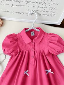 SHEIN LMoss Kids Cute Babygirl Summer Fuchsia Bow Collar Short Sleeve Dress - Hot Pink - View 6