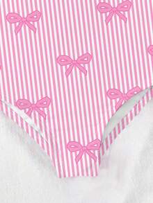 SHEIN Cute Striped Bow Print, Cream Pink, Beach Vacation, Baby Girls Casual Slim-Fit Romper Swimsuit, Suitable For Summer Princess Chic, Little Stars, Baby Girl Swimwear, Vacay Romance - Pink - View 7