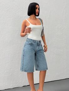 SHEIN Cottnline شورت جينز أزرق فاتح منخفض الخصر كاجوال - أزرق فاتح - مشاهدة 3