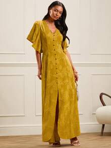 Lilora Đầm maxi màu vàng cho nữ, cổ chữ V, tay bồng, chất liệu jacquard, cài cúc phía trước, đầm maxi vải lanh, đầm màu vàng chanh, đầm dài màu vàng cho nữ. Kiểu dáng thanh lịch và tinh tế, phù hợp cho các buổi đi chơi, đi làm, mặc thường ngày, dự tiệc, hẹn hò, tụ họp, dã ngoại, kỳ nghỉ và du lịch. Đầm mùa hè, đầm mùa xuân cho nữ, đầm maxi cho nữ, đầm vàng cho nữ, đầm cài cúc phía trước cho nữ. - Màu vàng - Xem 3