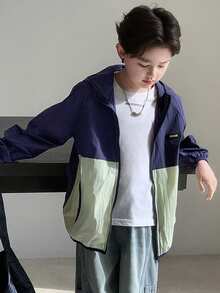 DAZY Tween Boy Letter Graphic Contrast Color Zipper Front Casual Hoodie Jacket - Navy Blue - View 3