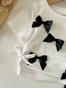 SHEIN 女婴夏季休闲可爱针织白色蝴蝶结上衣和松紧腰裤套装 - 白色 - 查看 4