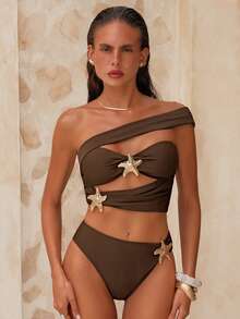Swim Chiccia 2026 Spring/Summer Asymmetric Gold Starfish Asymmetrical Side High Cut Women's Elegant Bikini Swimwear 2 Pieces Set Sexy Swimwear Brown Two Pieces Set Brown Bikini Set Star Bikini Brown Swimwear Women - Brown - View 4