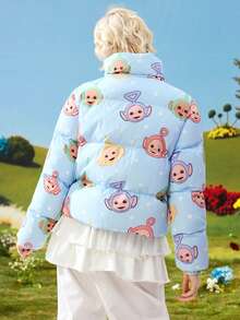 Teletubbies X ROMWE 女士保暖印花拉链立领羽绒服，冬季 - 藍色 - 查看 3