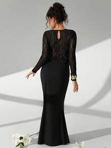 Cheriluna Maternity Solid Color Lace Long Sleeve Maxi Dress With Ruffle Mermaid Hem, Maternity Photoshoot Outfit - Black - View 2