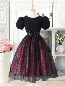 Elladie kids Đầm bé gái dễ thương, tay phồng, cổ tròn, họa tiết kẻ caro, chân váy lưới, kèm thắt lưng, thích hợp mặc hàng ngày. - màu đen - Xem 3