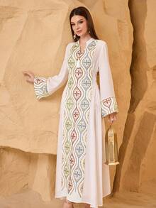 SHEIN Najma Elegant Luxurious Embroidered Long Sleeve Dress, Exquisite Craftsmanship, Sophisticated Style - White - View 6