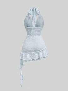 Sweetra Đầm ngắn lãng mạn bằng ren dệt kim, thắt nơ xoắn, xếp lớp, viền bèo nhún dành cho nữ, kiểu dáng ngọt ngào, mùa xuân/hè. - Màu xanh lam - Xem 2