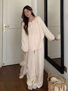 DAZY Polka Dot Print Loose Lantern Sleeve Women Pajama Set, Soft Crepe Fabric - Beige - View 12