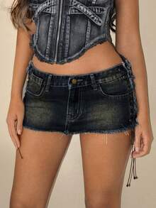 SHEIN ICON Sexy Mini Denim Lace-Up Skirt - Dark Wash - View 4