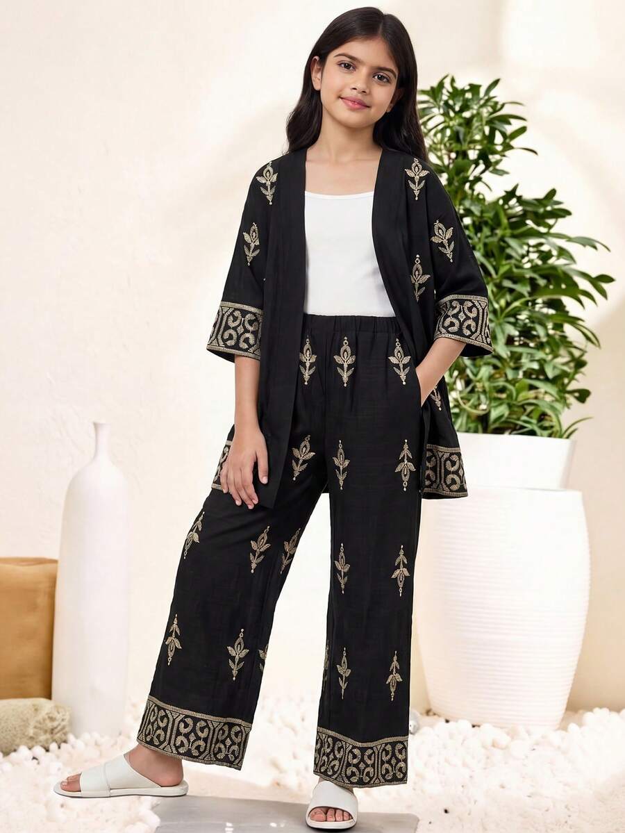SHEIN Tween Girl Vacation Style Embroidered Open Front Top & Wide Leg Pants Set, Spring/Summer/Autumn - Black - View 1