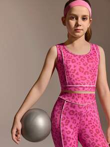 SHEIN Tween Girls Leopard Print Set, Fuchsia Fashionable Sportswear Set, Tank Top & Leggings Sets, Suitable For Casual, Yoga, Sports And More Occasions - Hot Pink - View 5