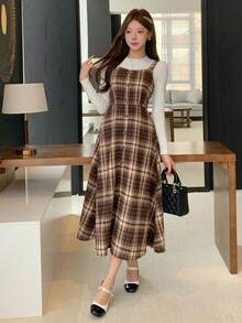 DAZY 优雅图案无袖美人鱼中长连衣裙，女士秋季吊带裙 - 棕色 - 查看 3