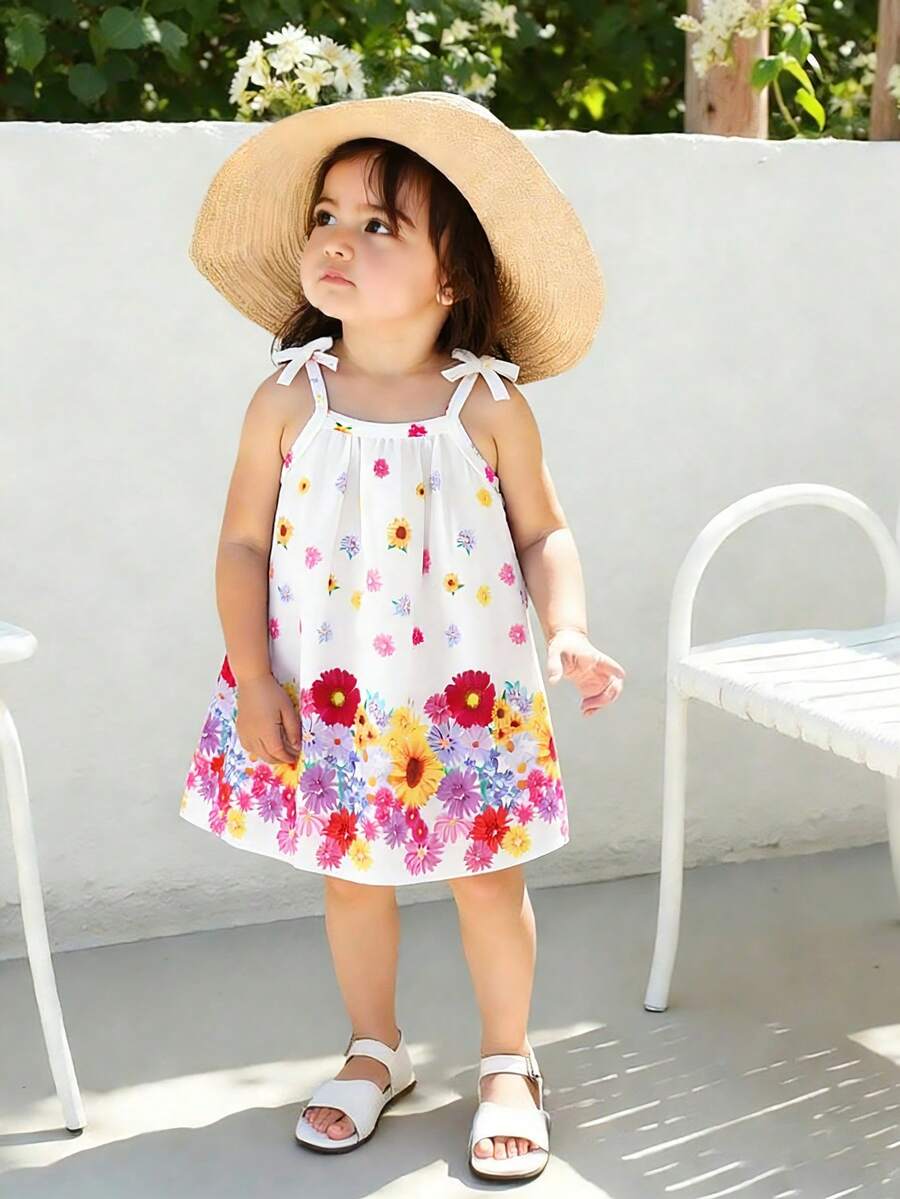 SHEIN Váy bé gái, đầm bé gái họa tiết hoa, dây đeo yếm và nơ, kiểu dáng thanh lịch và tươi mát mùa hè. - trắng - Xem 1