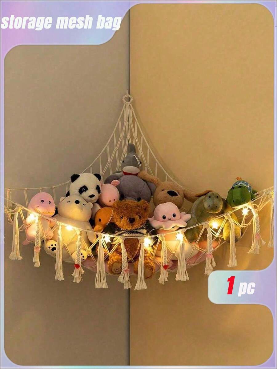 SHEIN 1 Stück Boho Kuscheltier Hängematte aus Makramee große eckige Netzaufbewahrung zum Aufhängen von Spielsachen an der Wand für Schlafzimmer Dekoration, Creme (ohne Lichterkette) 100 x 100 x 150 cm - Weiss - Übersicht 1