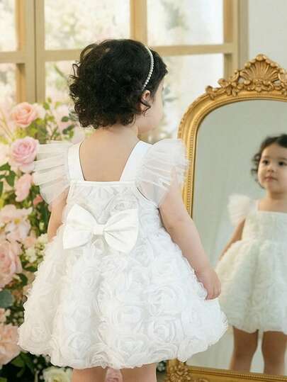 SHEIN Baby Girl Contrast Mesh Bow Decor 3D Flower Decorated Dress