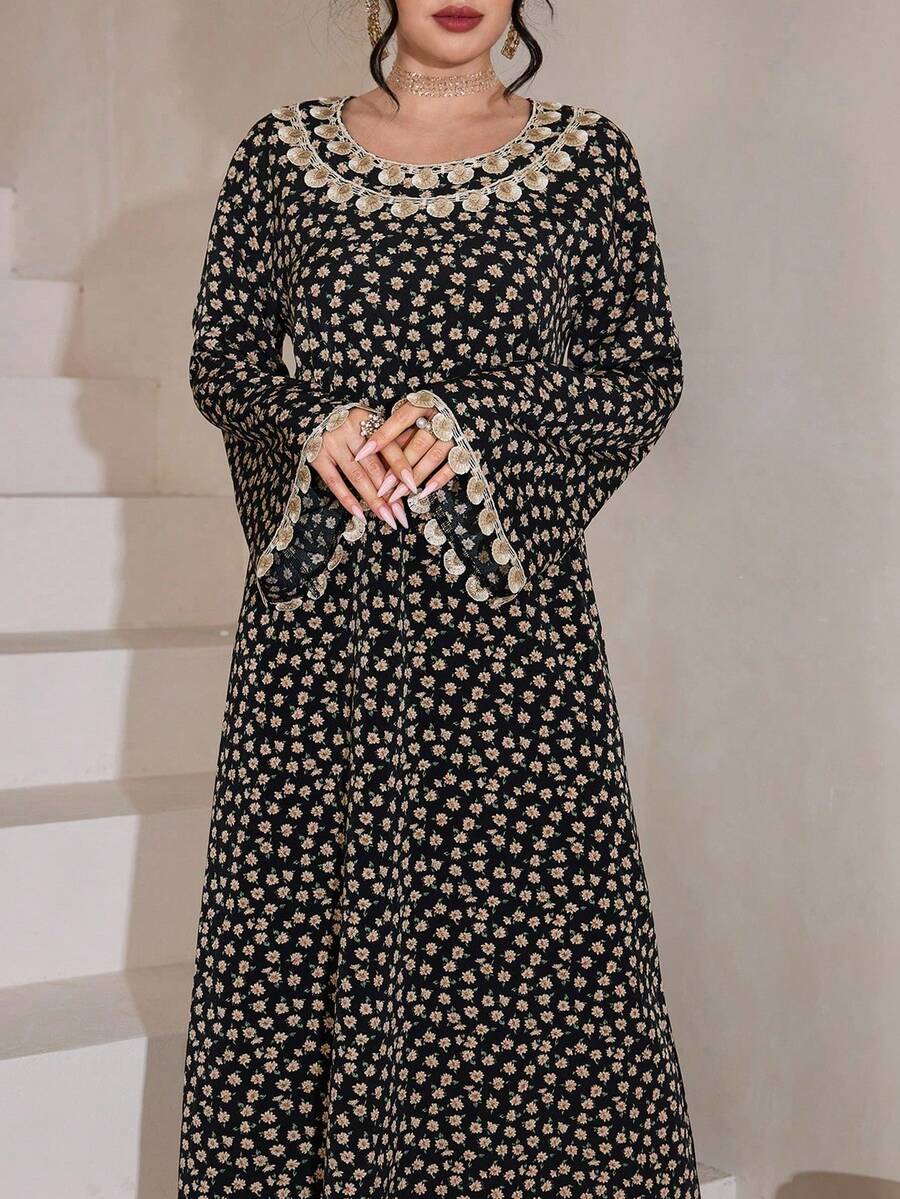 Al Najma Women's Spring/Summer Silk Velvet Woven Floral Print Long Sleeve Ruffle Hem Elegant Arabic Dress - Black - View 1