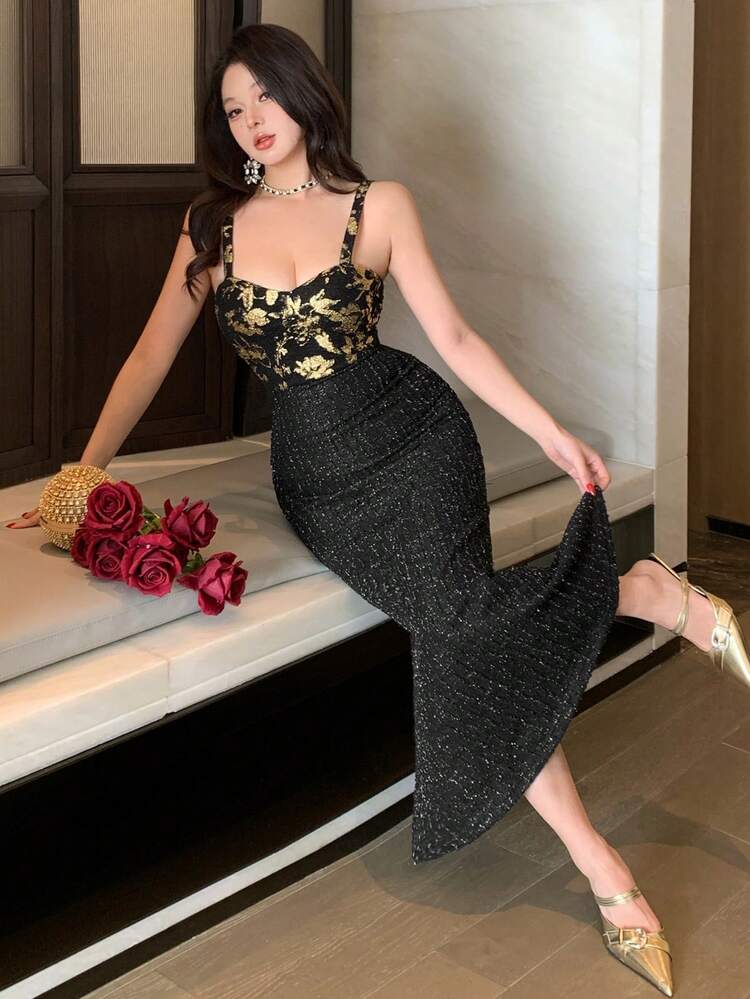 Women's Floral Print & Fabric Patchwork Elegant Mermaid Dress Sundress
