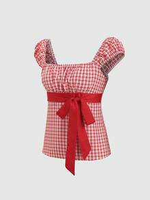 SHEIN Sweetro Áo kiểu nữ cổ vuông, xếp ly, dáng chữ A, màu đỏ kẻ caro, thắt nơ, hai mặt, thích hợp cho mùa xuân/hè/thu, phong cách lãng mạn, dễ thương, retro Y2K, thường ngày đi nghỉ mát, hẹn hò, đi học, dạo phố, lễ hội âm nhạc. - Đỏ và trắng - Xem 4