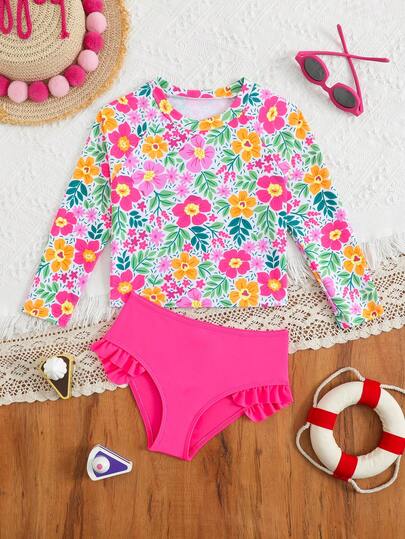 SHEIN Young Girls Tankinis, Cute Pink Floral Print Knit Fabric Sleeveless Tankini Swimwear, Fashionable Casual Elegant Design, Suitable For Swimming, Summer Vacation, Beach, Pool, Holiday Party Long Sleeve Swimsuit Girls Swimwear Set 2pcs Girls Kids Girl Rash Guard Pink Floral Swim Girls Floral Swim Kids Girl Rash Guard 2 Piece Swimwear Set 3pcs Girls Longsleeve Pink Swimsuit 3 Piece Kid Flower Kids Floral Swim Long Sleeve Swimsuit With Shorts Girls Long Sleeve Bathing Suit For Kids Long Sleeve Toddler Swimsuit Girl Swim Suit Flowers Girl Flower Clothes For Long Sleeve Girls Swimsuit Long Sleeve 2 Piece Kids Swimwear Girl Long Sleeve Girls Swimsuits Floral Girls Swim Suit Hawaiian Flowers Girls Swimsuit Short Pants Separates Ruffle Shorts
